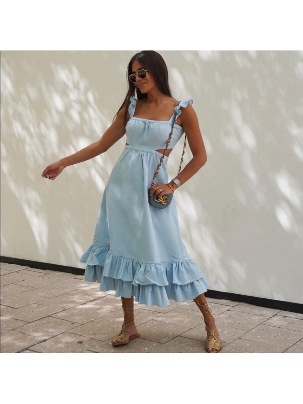Likely Powder Blue Ruffled Midi Dress with Tie Straps